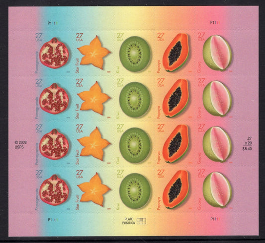 TROPICAL FRUITS inc KIWI Guava Papaya Star Pomegranate Sheet of 20 Unused USa Postage Stamps - Stock# 4253 ping