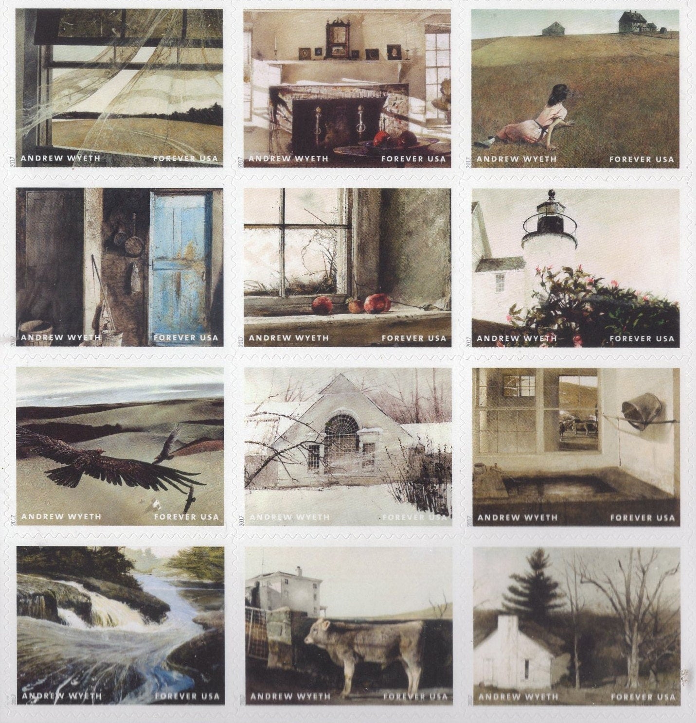 12 WYETH PAINTINGS inc CHRISTINA'S World - Single Stamps - Bright and Fresh- Vintage 2017 - Stock# 5212a-l - FreeUSA Shipping