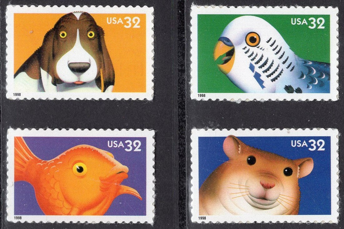 8 BRIGHT EYES Eyed ANIMALS (4 different x2ea) Parakeet Dog Fish Hamster - Bright USa Postage Stamps-Vintage 1998 -Stock# 3230 -FreeUSA Ship