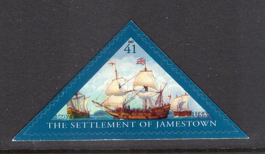 5 JAMESTOWN SETTLEMENT ANNIVERSARY Triangle w/ Three Sailing Ships Godspeed Discovery Susan Bright Fresh-Vintage'07-Stock# 4136-FreeUSA Ship