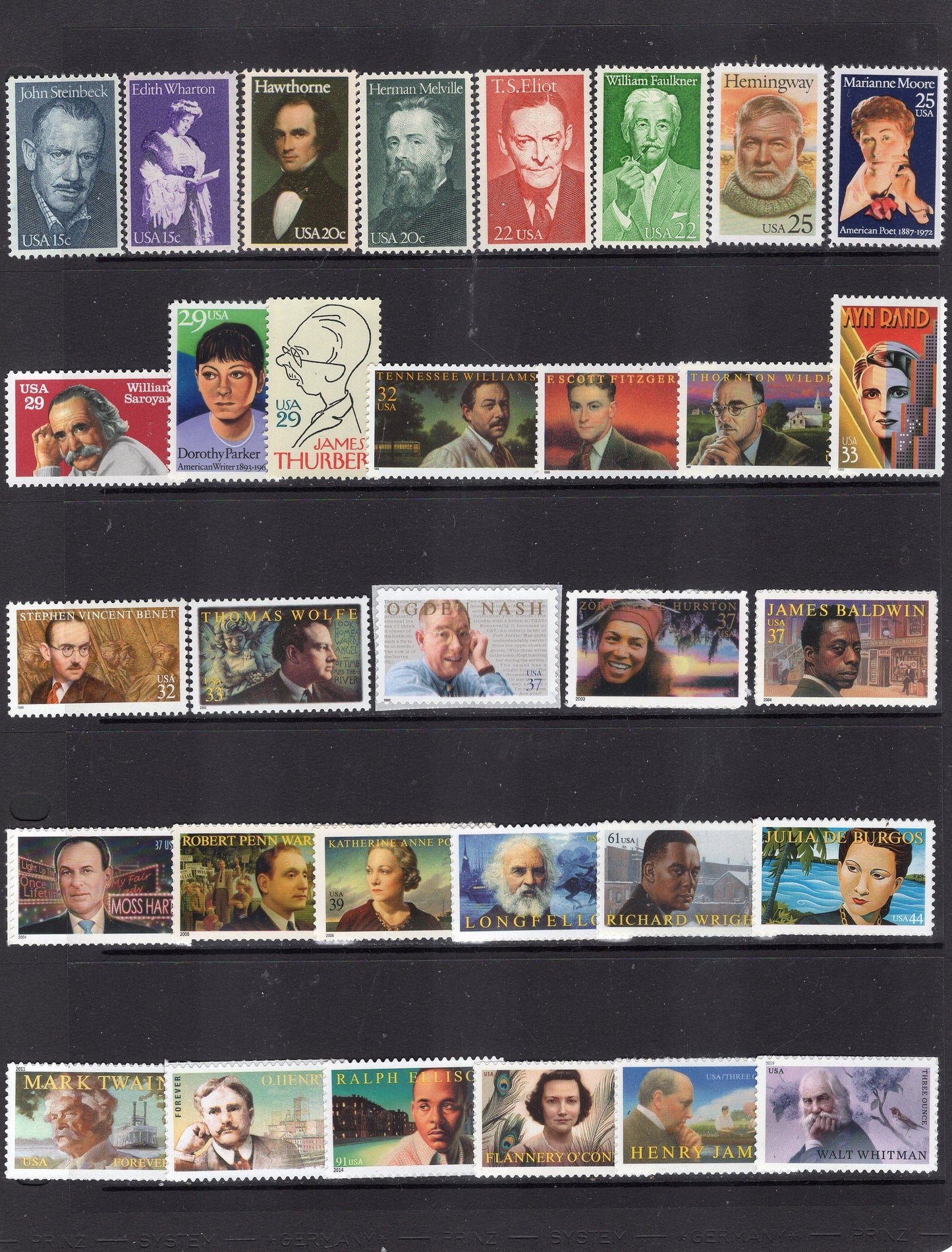 LITERARY ARTS COMPLETE Series of 32 Fresh Bright Mint Stamps issued by Usps Hemingway Steinbeck Rand Wilder -Vintage 1979-on