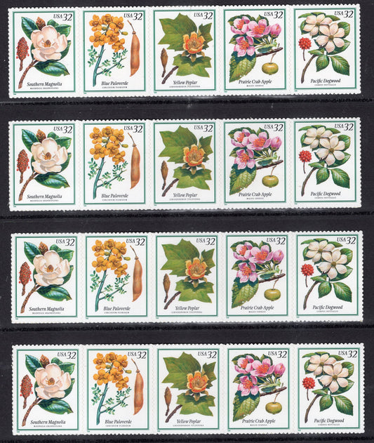 20 FLOWERING TREES inc MAGNOLIA Apple Dogwood Stamps (4 Strips of 5) 32c Self-adhesive for Weddings Invites - Vintage 1998 