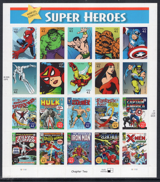 MARVEL COMICS DECORATIVE Super Heroes Sheet of 20 Spiderman The Hulk Spider Woman X-Men Silver Surfer Elektra Vintage 2007-FreeUSA Ship