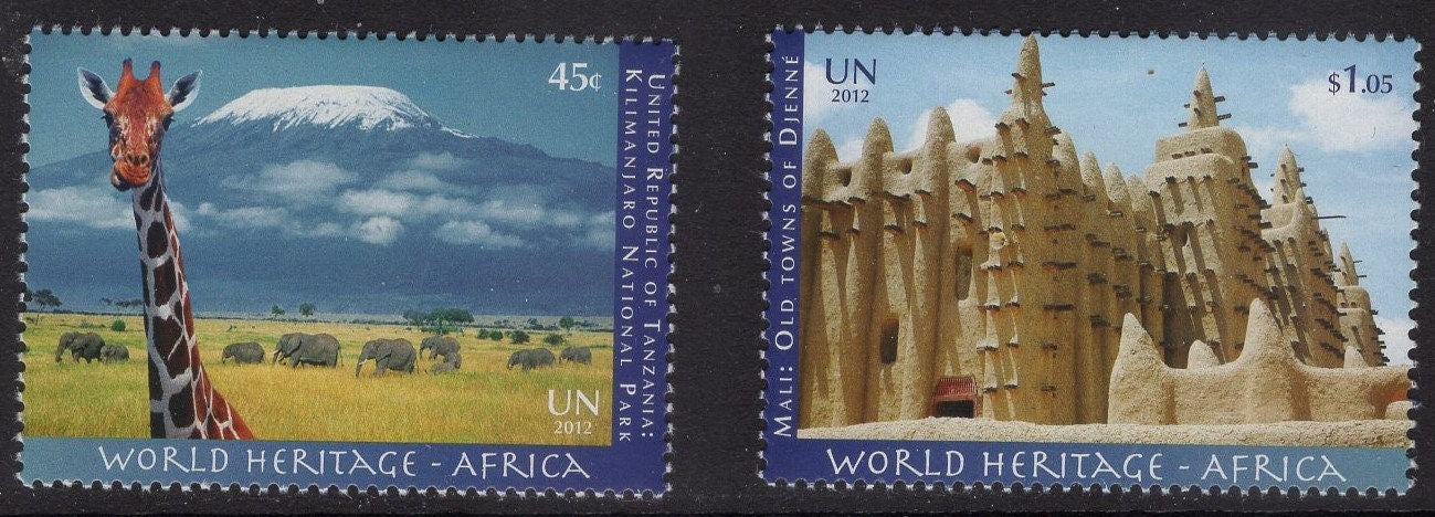 2 WORLD HERITAGE AFRICA Stamps Giraffe Kilimanjaro Old Town Djenne Bright Fresh (valid at United Nation only) Vintage 2012 FreeUSA Ship