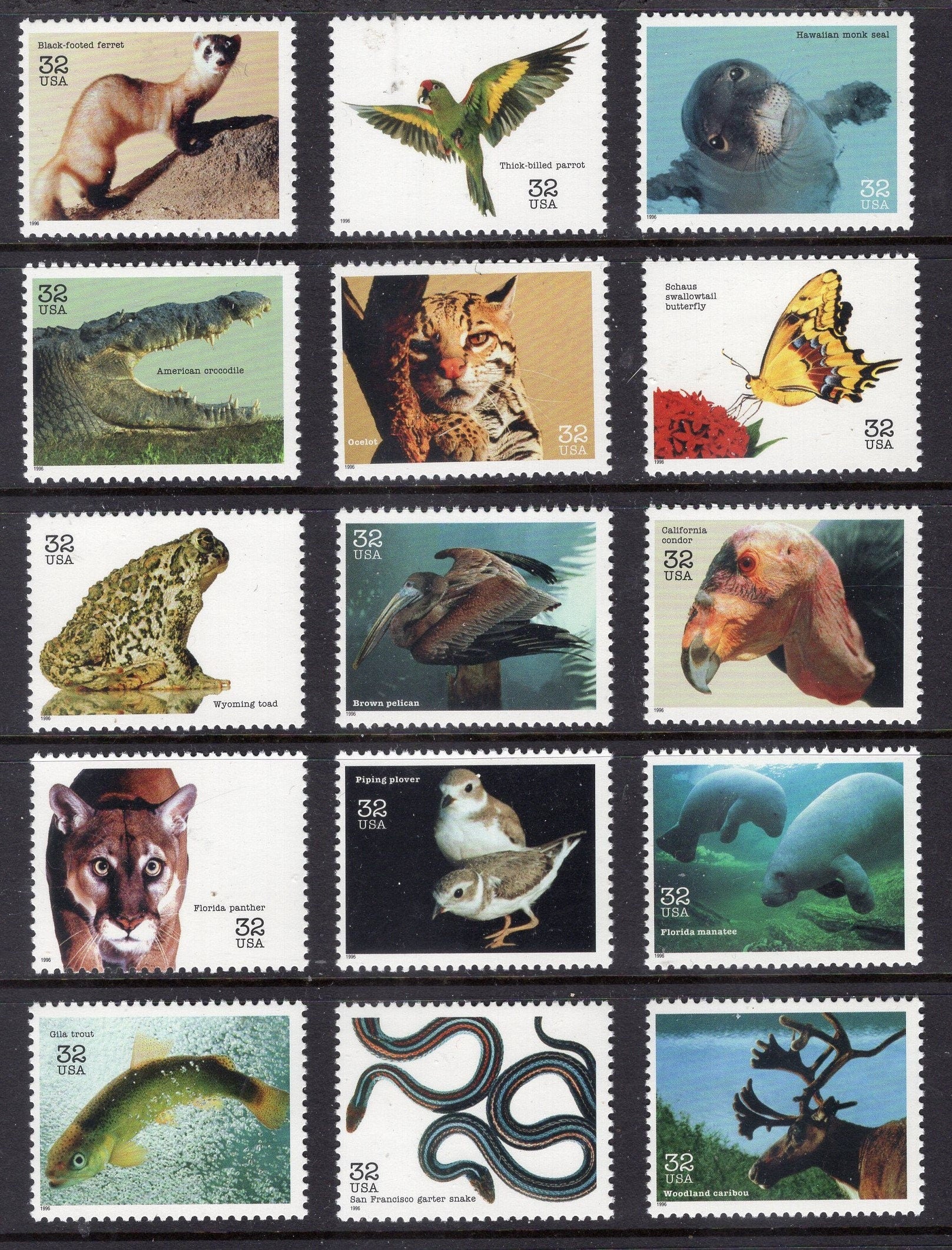 15 ENDANGERED SPECIES Pelican Parrot Croc Butterfly Snake Manatee Condor USA 32c Postage Stamps- Vintage 1996 - Stock# 3105a - FreeUSA Ship