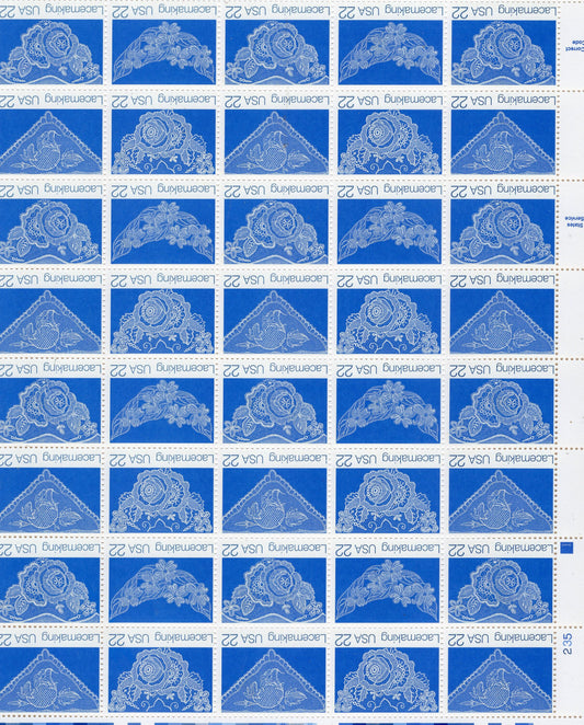 LACEMAKING LACE DELICATE Blue Sheet of 40 22c Stamps - 4 different Designs - Wedding Bright Fresh - Stock 2351 Vintage 1987 