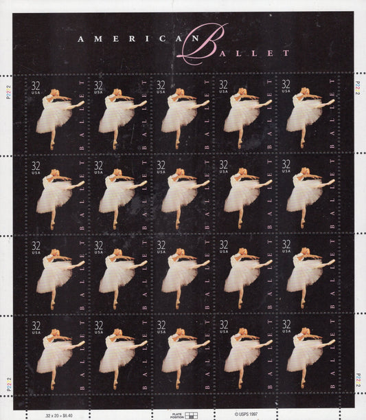 AMERICAN BALLET Sheet of 20 - 32c Bright Fresh Stamps - Useful for Weddings - Vintage 1998 - Stock#3237 