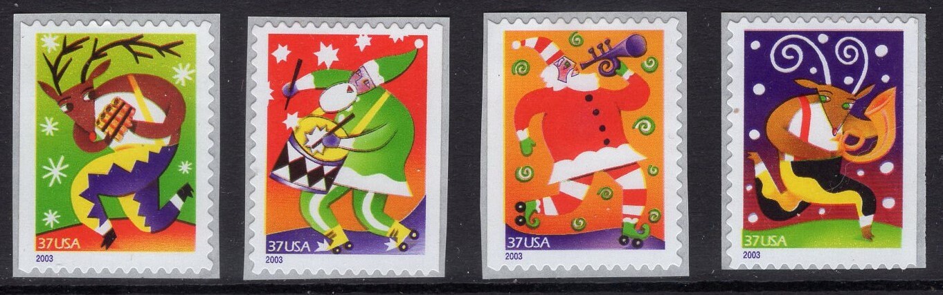 8 CHRISTMAS MUSIC MAKERS Holidays Assorted United States Stamps Artful Jolly Designs Bright Fresh - Vintage 2003 ping