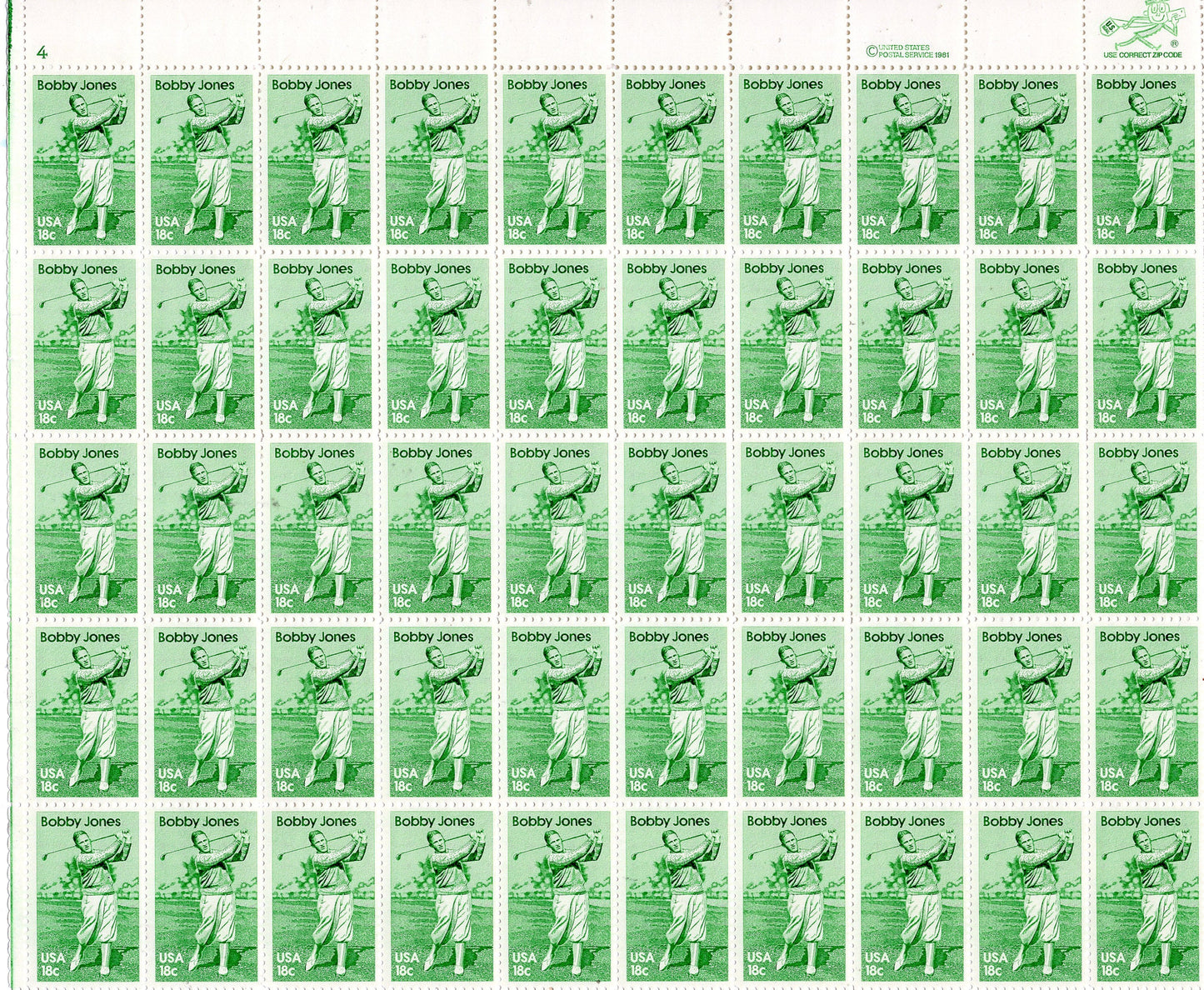 GOLF GREAT BOBBY Jones Sheet of 50 18c Stamps - Greatest Amateur Ever - Grand Slam Winner - Vintage 1981 ping