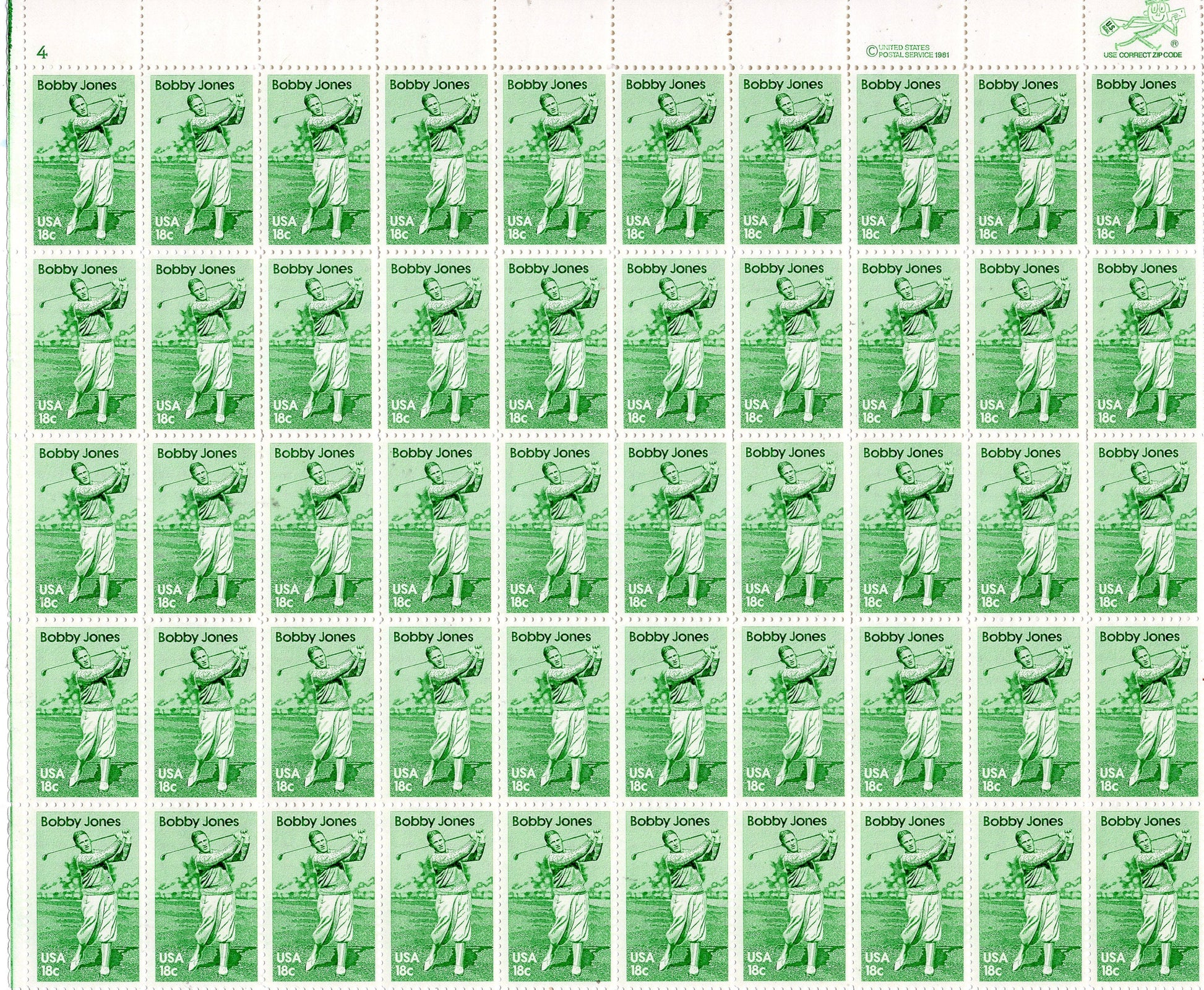 GOLF GREAT BOBBY Jones Sheet of 50 18c Stamps - Greatest Amateur Ever - Grand Slam Winner - Vintage 1981 ping