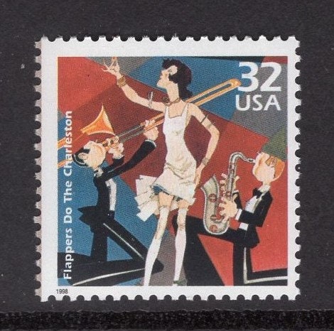 4 FLAPPERS CHARLESTON SAXOPHONE Trombone Sax Music Dancing The 1920's - Get 4 Bright Fresh Stamps- Vintage 1999 - Stock# 3184h