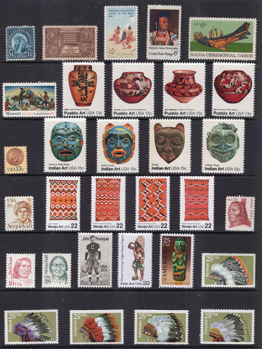 NATIVE AMERICAN INDIANS Attractive Starter Collection of 32 Unused Fresh Usa Postage Stamps See Scan -Vintage 1931//2004