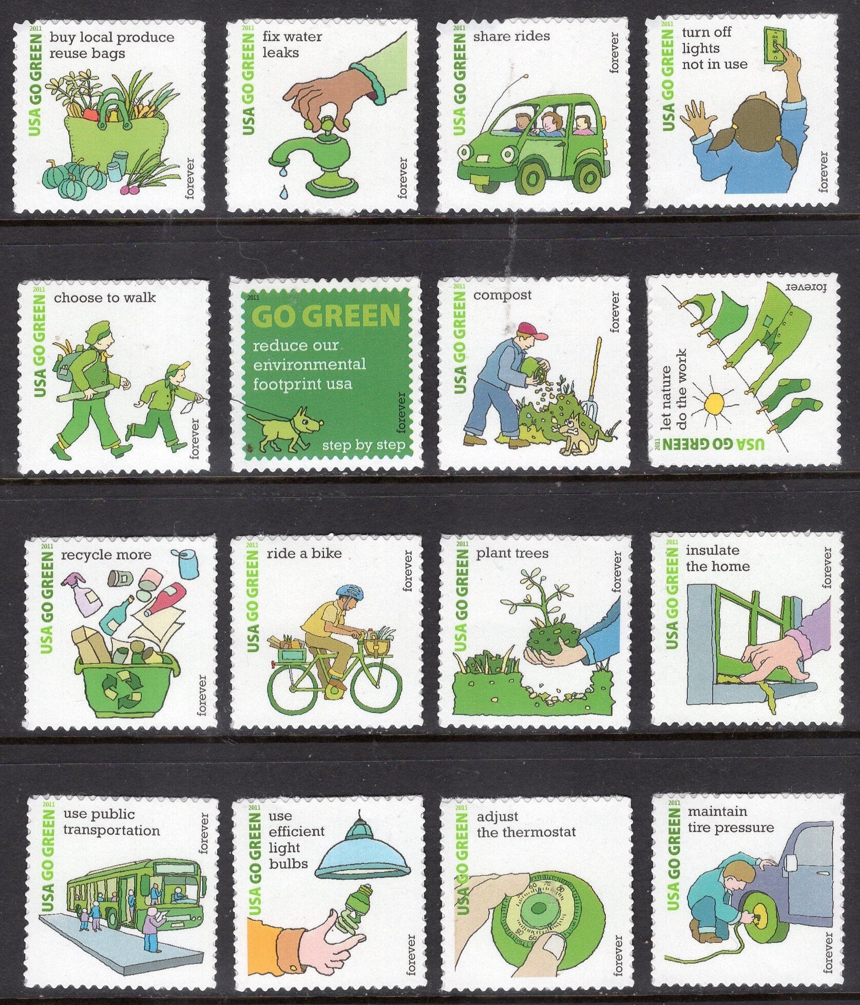 12 GO GREEN ECOLOGY Different Environment Protection 12 Stamps - Unused, Fresh, Bright - Vintage 2011 - Stock# 4524 