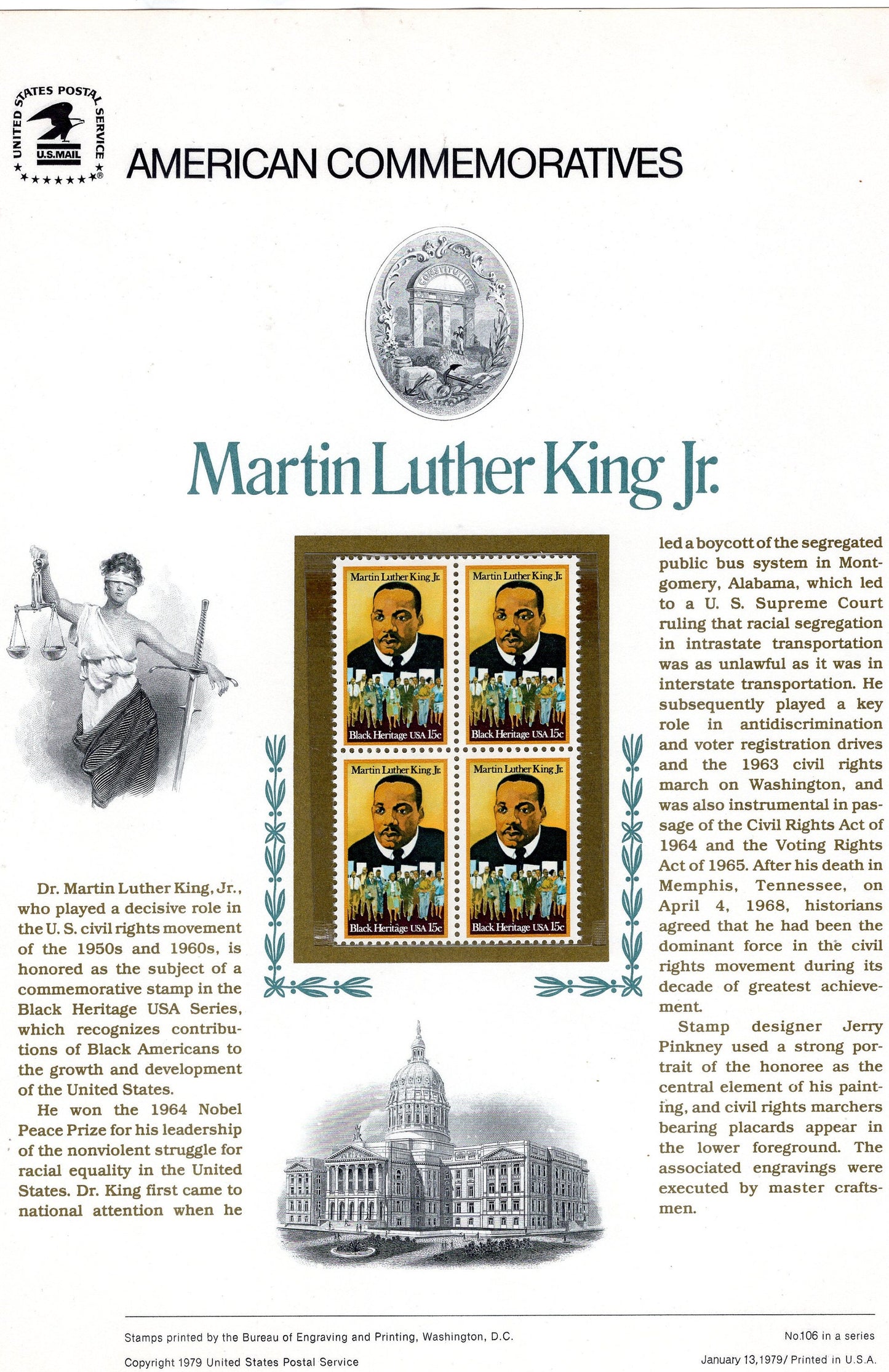 MARTIN LUTHER KING Special Commemorative Panel plus Actual Stamps + Illustrations and Text Great Gift 8.5x11 '79 - FreeUSA Shipping