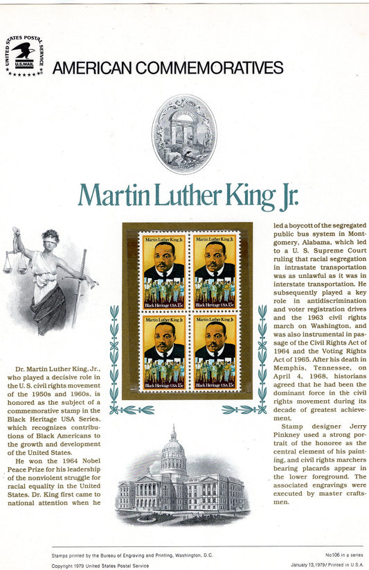 MARTIN LUTHER KING Special Commemorative Panel plus Actual Stamps + Illustrations and Text Great Gift 8.5x11 '79 