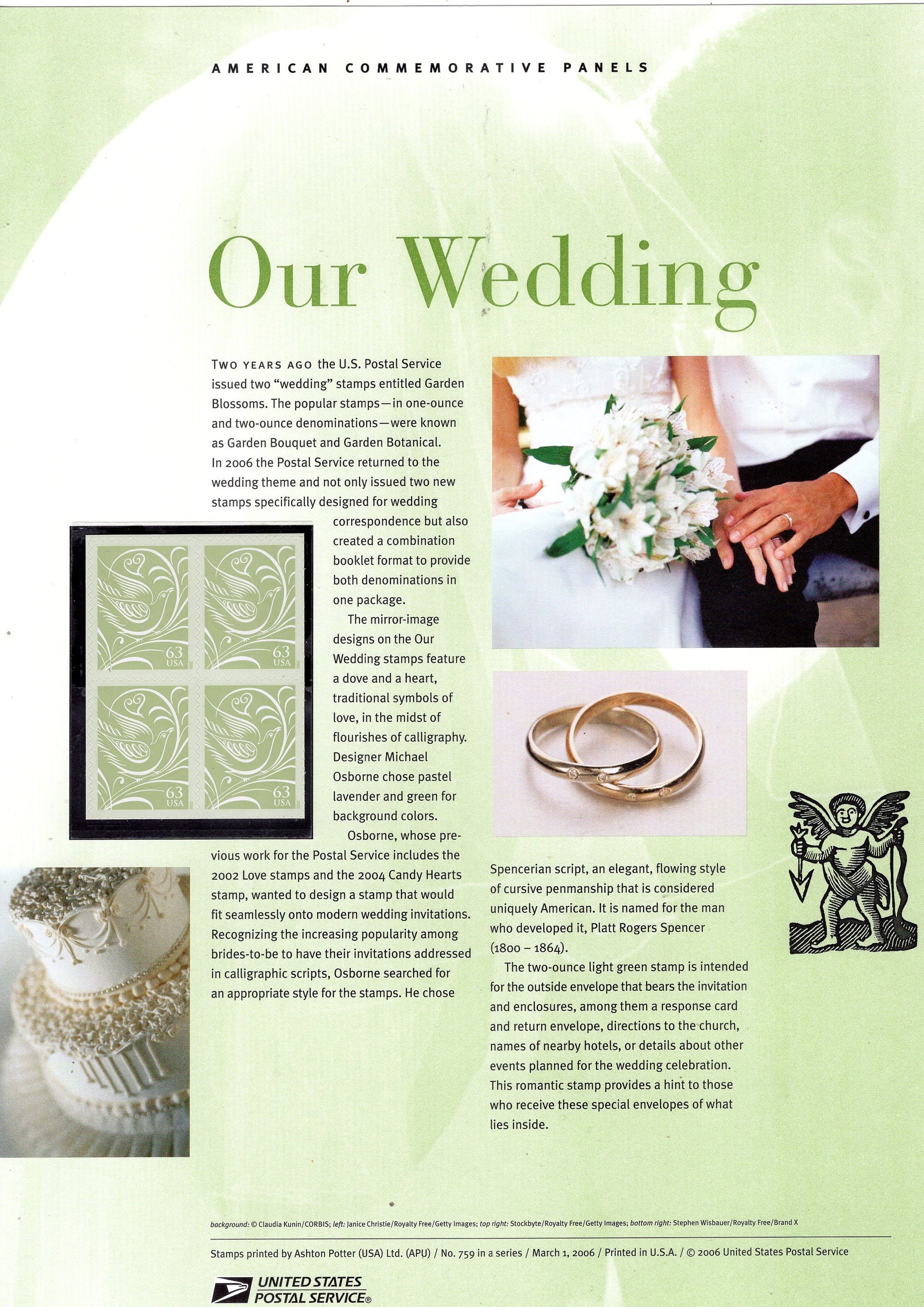 OUR WEDDING TWO Special Commemorative Panels Doves Rings plus Actual Stamps + Illustrations and Text Great Gift 8.5x11 '06 