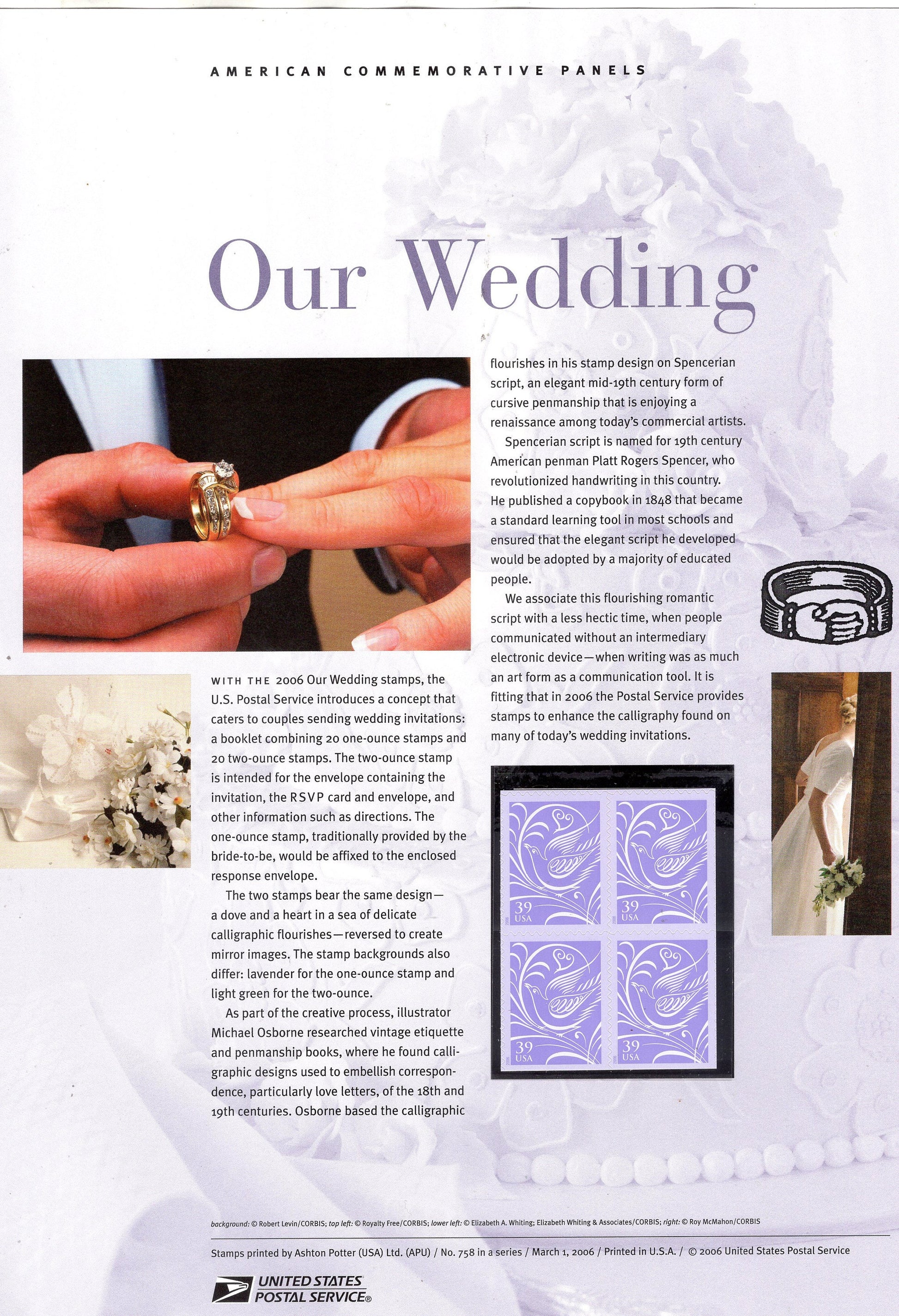 OUR WEDDING TWO Special Commemorative Panels Doves Rings plus Actual Stamps + Illustrations and Text Great Gift 8.5x11 '06 