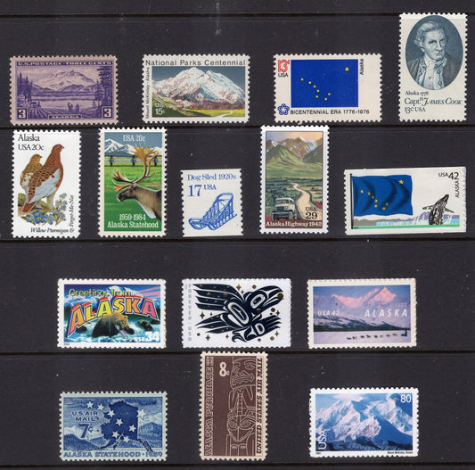 ALASKA STAMP COLLECTION #3 - 28 Stamps with Seward, Arctic Tundra, Raven Story, State Flag, Mt McKinley, Sled-1909-onwards FreeUSA Ship