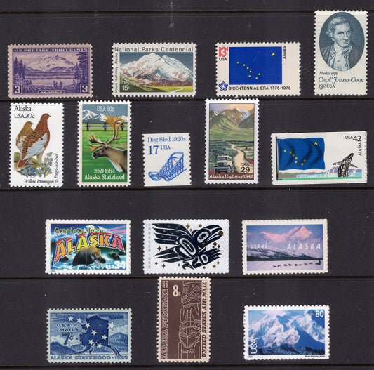 ALASKA STAMP COLLECTION #2 - 25 Stamps with Arctic Tundra Scenes, Raven Story, State Flag, Mt McKinley, Sled - 1937-onwards FreeUSA Ship