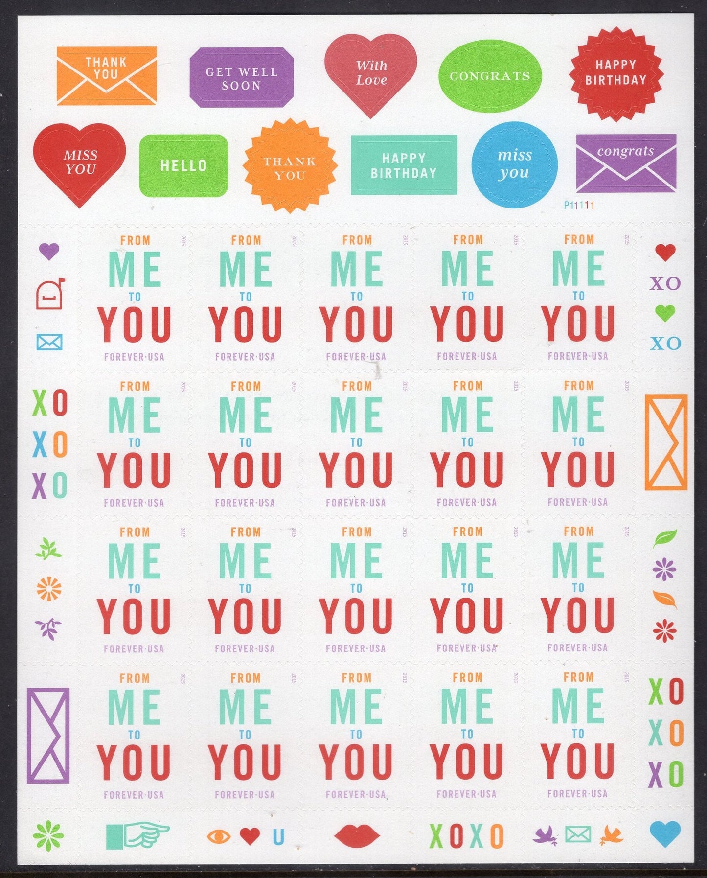 FROM ME to YOU Thank You Sheet of 20 Stamps Stickers Wedding Bright Fresh - Stock# 4978