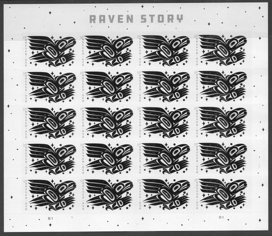 THE RAVEN STORY Sheet of 20 Mint Stamps - Folklore Native Art Alaska Bright Fresh - Stock# R2 ping