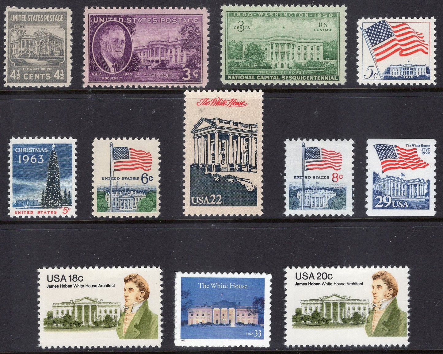 The WHITE HOUSE COMPLETE Collection of 12 Stamps in scenes inc Architect Hoban - Fresh Mint Usa Postage Stamps - 1938/2000