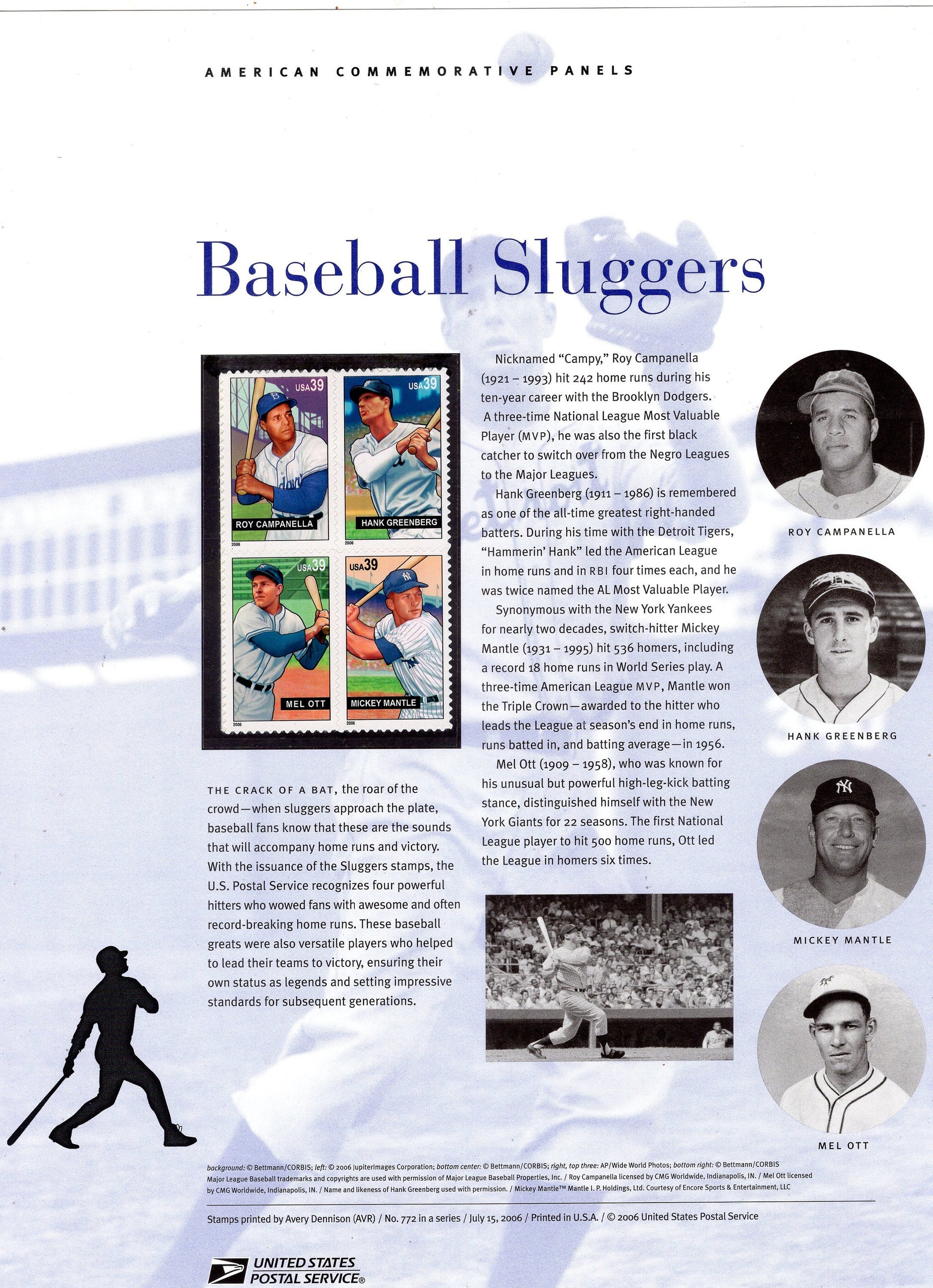 BASEBALL SLUGGERS MANTLE Campanella Ott Greenberg Special Commemorative Panel + Stamps Illustrations Text Great Gift 8.5x11 '06-FreeUSA Ship