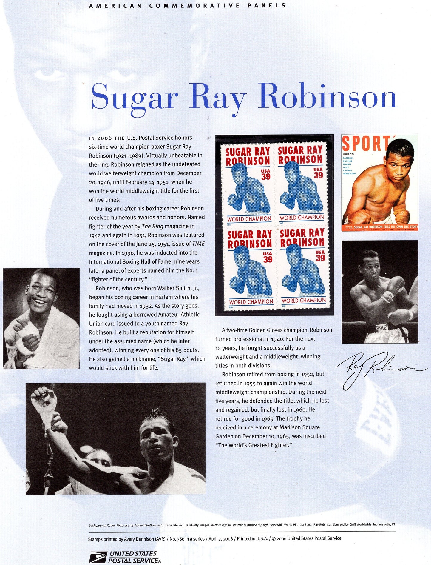 SUGAR RAY ROBINSON Boxer Champion Special Commemorative Panel plus Actual Stamps + Illustrations and Text Great Gift 8.5x11 '06-FreeUSA Ship