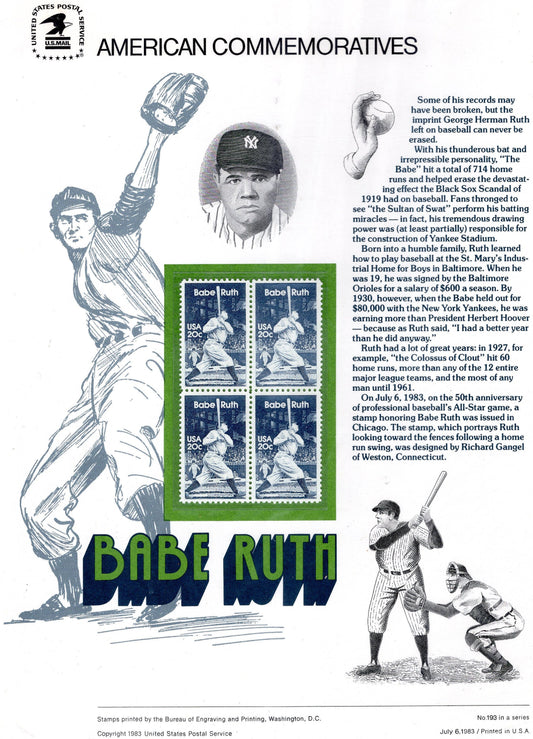 BABE RUTH YANKEES Home Runs Hall Special Commemorative Panel plus Actual Stamps + Illustrations and Text Great Gift 8.5x11 '83 FreeUSA Ship