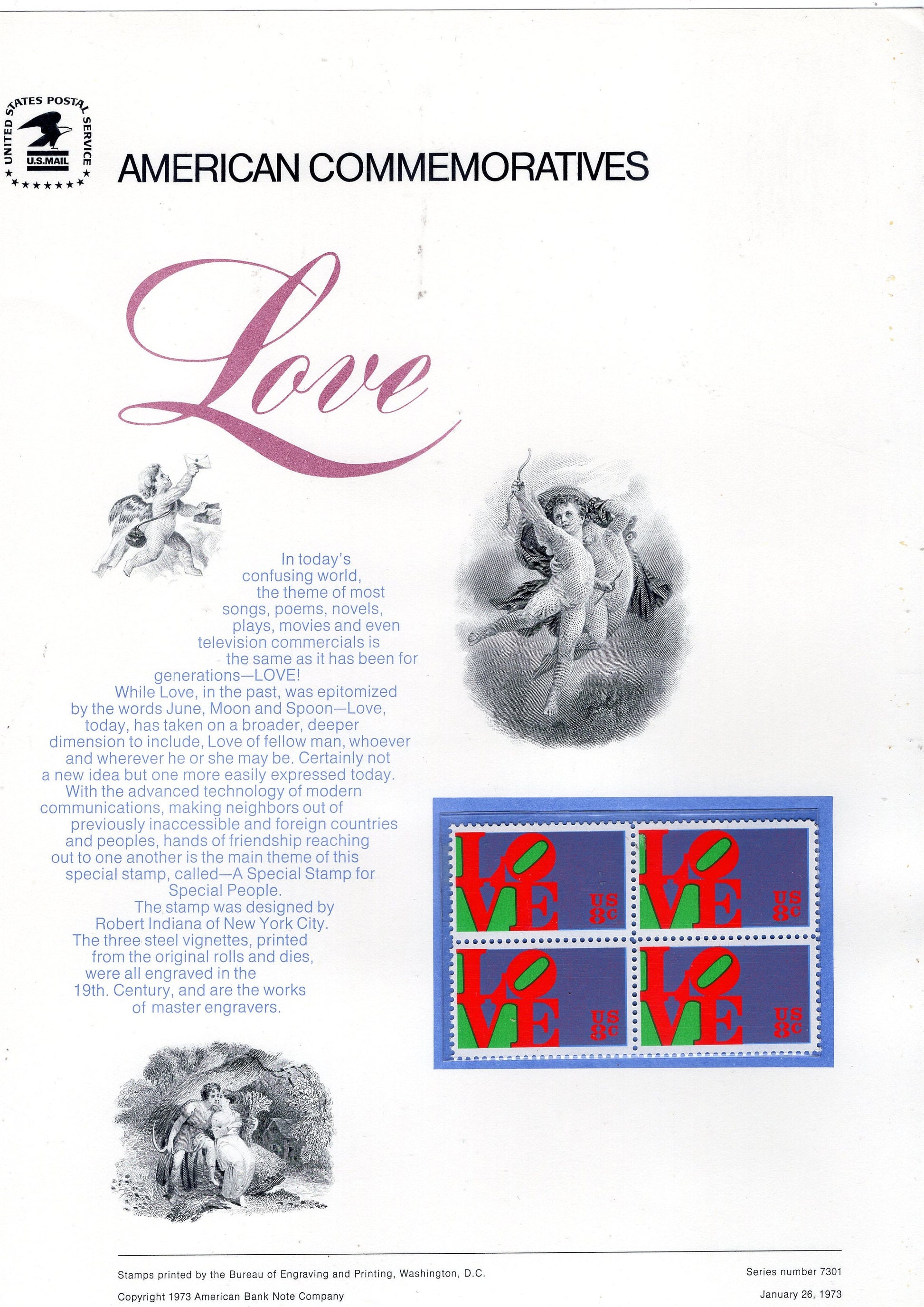 LOVE L O V E DESIGN Robert Indiana Special Commemorative Panel plus Actual Stamps + Illustrations + Text Great Gift 8.5x11 '73 FreeUSA Ship