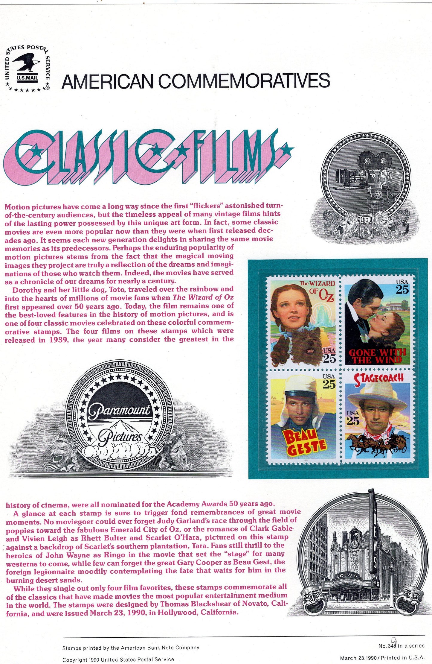 GARLAND Oz GABLE WAYNE Cooper Class Film Stars Commemorative Panel with Block 4 Stamps Illustrations Text Great Gift 8.5x11-2004-FreUSA Ship