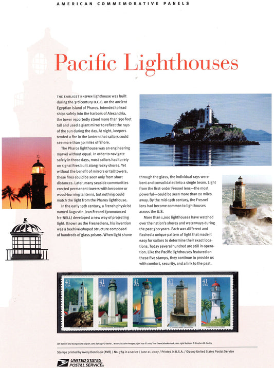 PACIFIC COAST LIGHTHOUSES Strip of 5 Commemorative Panel with 5 Stamps Illustrations Text Great Gift 8.5x11-2007 