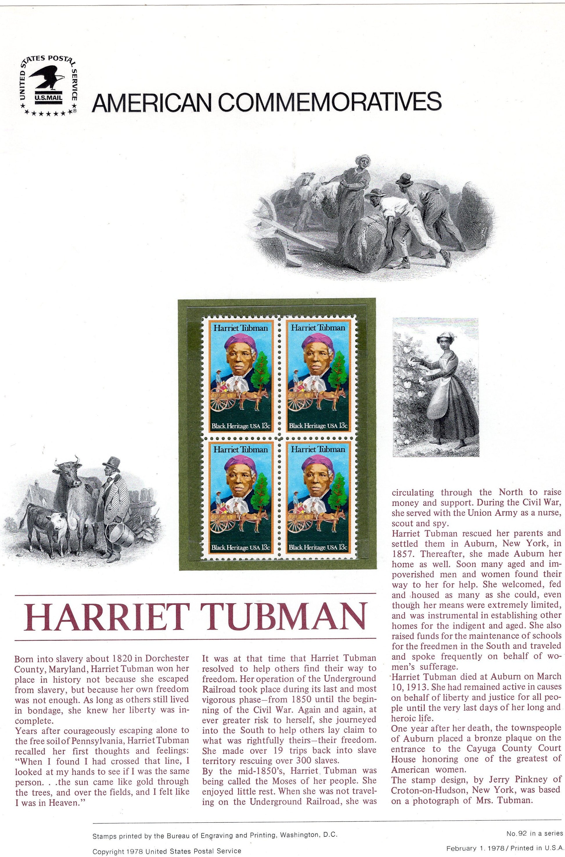 HARRIET TUBMAN Black Heritage UNDERGROUND Railroad Commemorative Panel Stamps Illustrations Text Great Gift 8.5x11-Vintage 1978-FreeUSA Ship