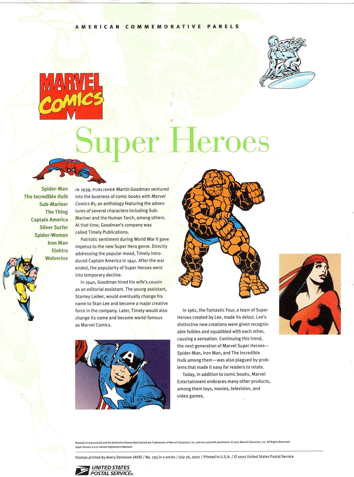 MARVEL SUPER HEROES Hulk Spiderman Surfer Sub Commemorative Panel Stamps + Illustrations Text Great Gift 8.5x11-Vintage 2007 