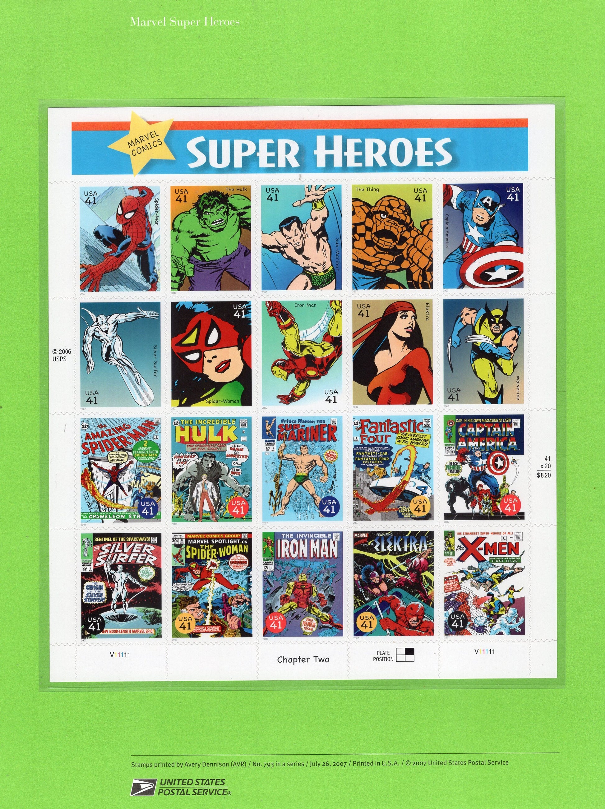 MARVEL SUPER HEROES Hulk Spiderman Surfer Sub Commemorative Panel Stamps + Illustrations Text Great Gift 8.5x11-Vintage 2007 