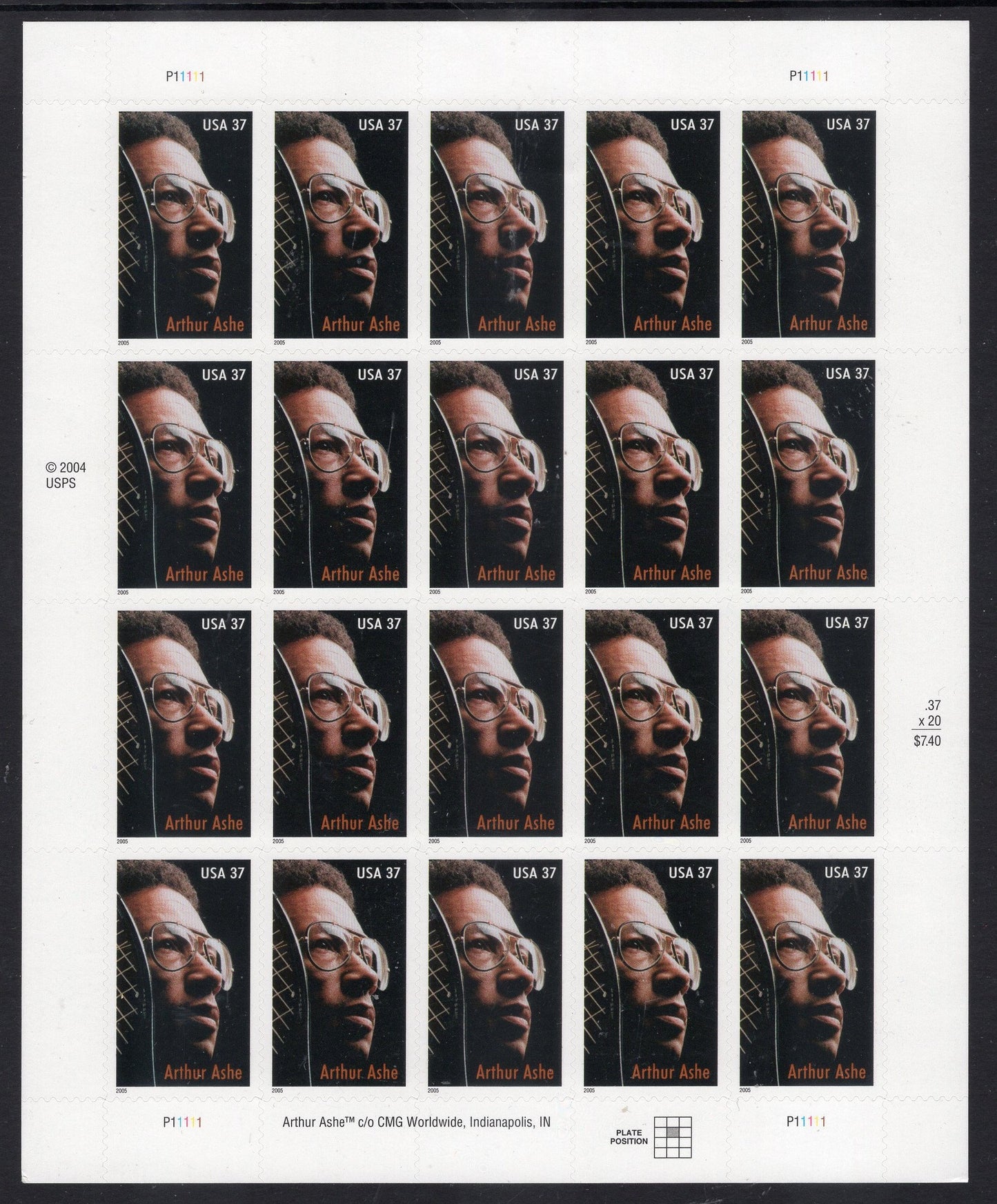 ARTHUR ASHE TENNIS Champion Sheet of 20 Black American Fresh Unused Fresh Bright Usa Postage Stamps - Vintage 2005 -Stock# 3936-FreeUSA Ship