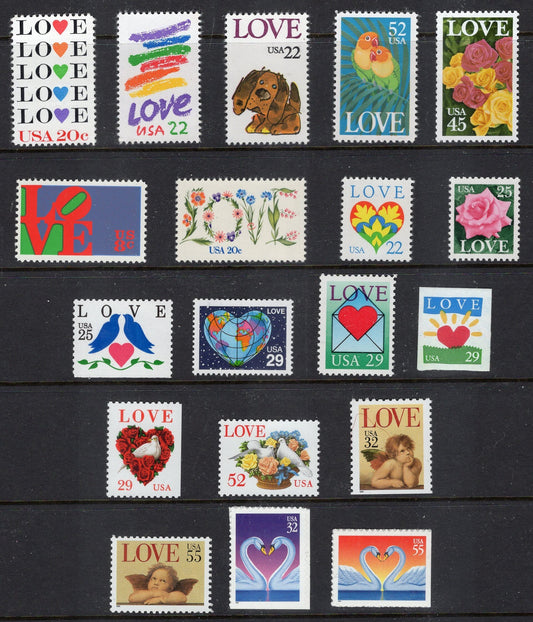 LOVE COLLECTION #1 19 Different Fresh 8c-52c Stamps 1973//1997 - Valentines - Weddings - Invites -Thank you Notes-Flowers Birds FreeUSA Ship