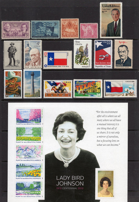 TEXAS THEMES Collection 22 Stamps Alamo Rayburn Houston LBJ Flags Spurs Lady Bird Fort Bliss Lighthouse Pecos Vintage 1936/on FreeUSAship