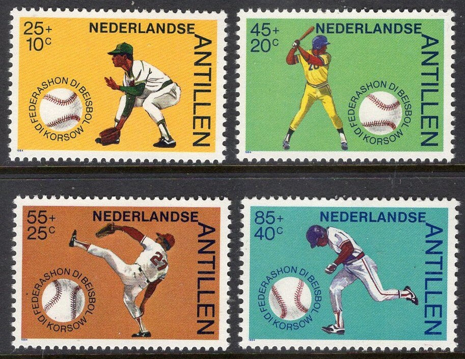 BASEBALL from NETHERLANDS ANTILLES Unusual 1984 Mint Set of 4 Stamps Catching Batting Pitching Running ping