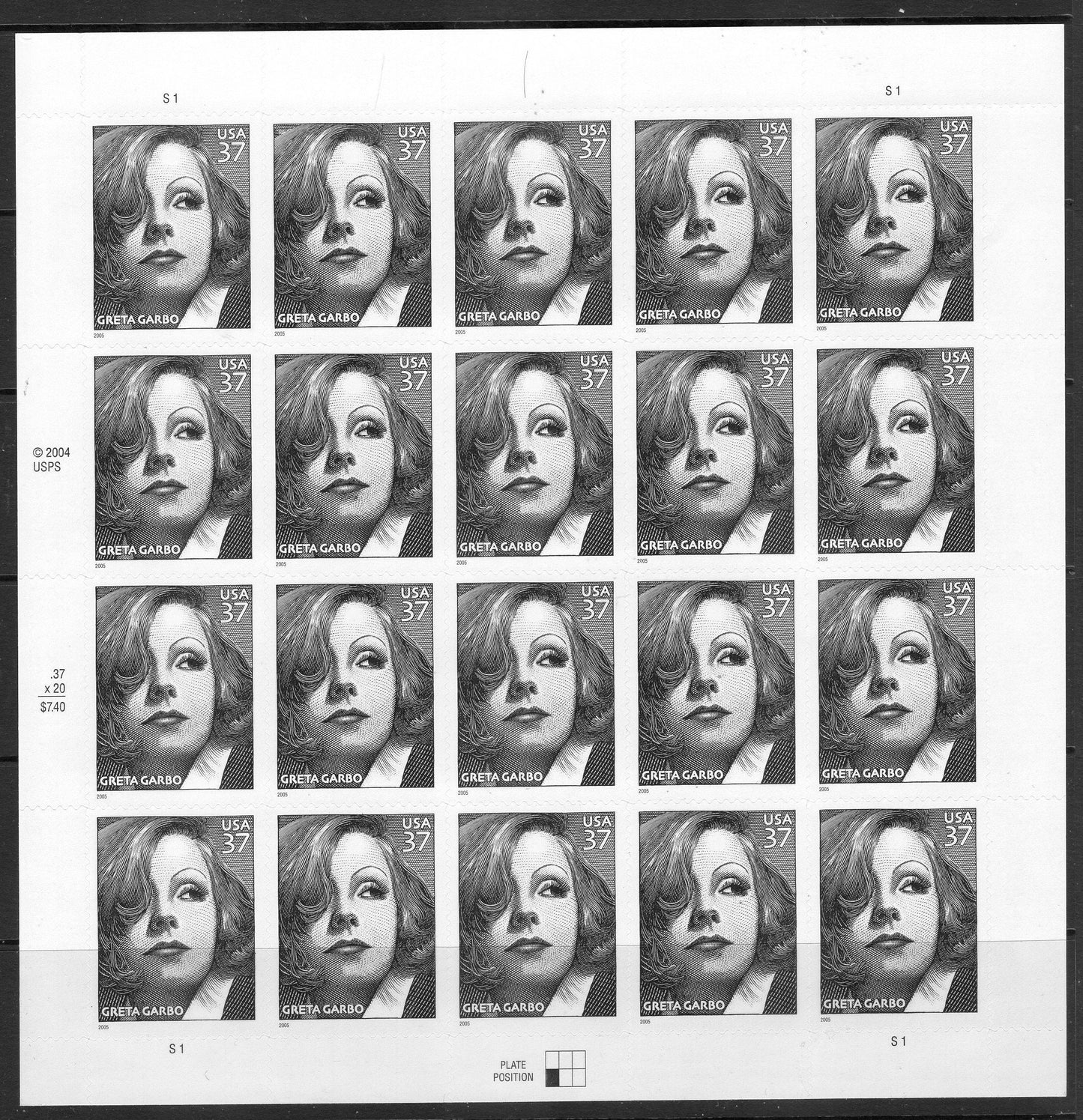 GRETA GARBO HOLLYWOOD Actress Swedish Legend Sheet of 20 Self-adhesive 37c Stamps 