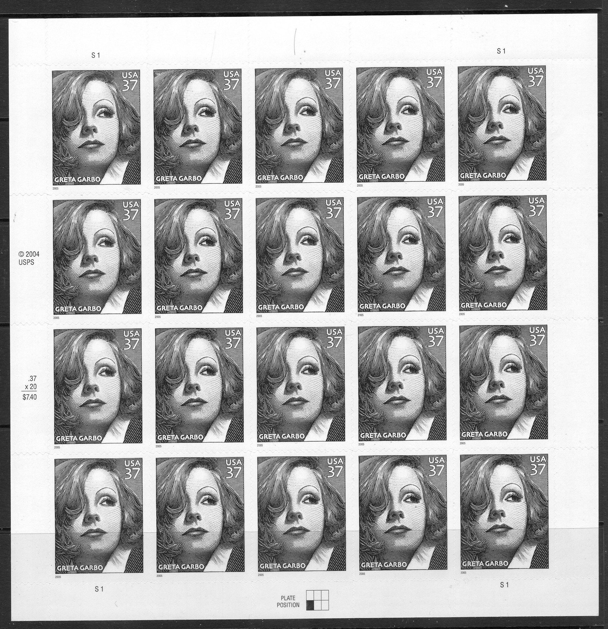 GRETA GARBO HOLLYWOOD Actress Swedish Legend Sheet of 20 Self-adhesive 37c Stamps 