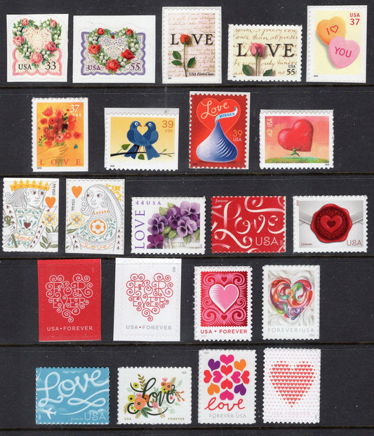 LOVE COLLECTION #2 22 Different Fresh 33c-F Stamps 1999- Valentines - Weddings - Invites - Thank you Notes-Flowers Birds FreeUSA Ship