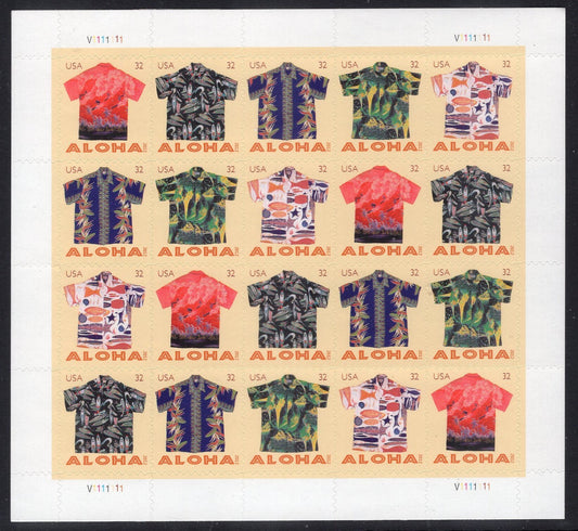 HAWAII ALOHA SHIRTS Sheet of 20 Stamps showing 4 each of 5 different Shirts Mint Bright Fresh - Vintage 2012 Stock# 4592 S 