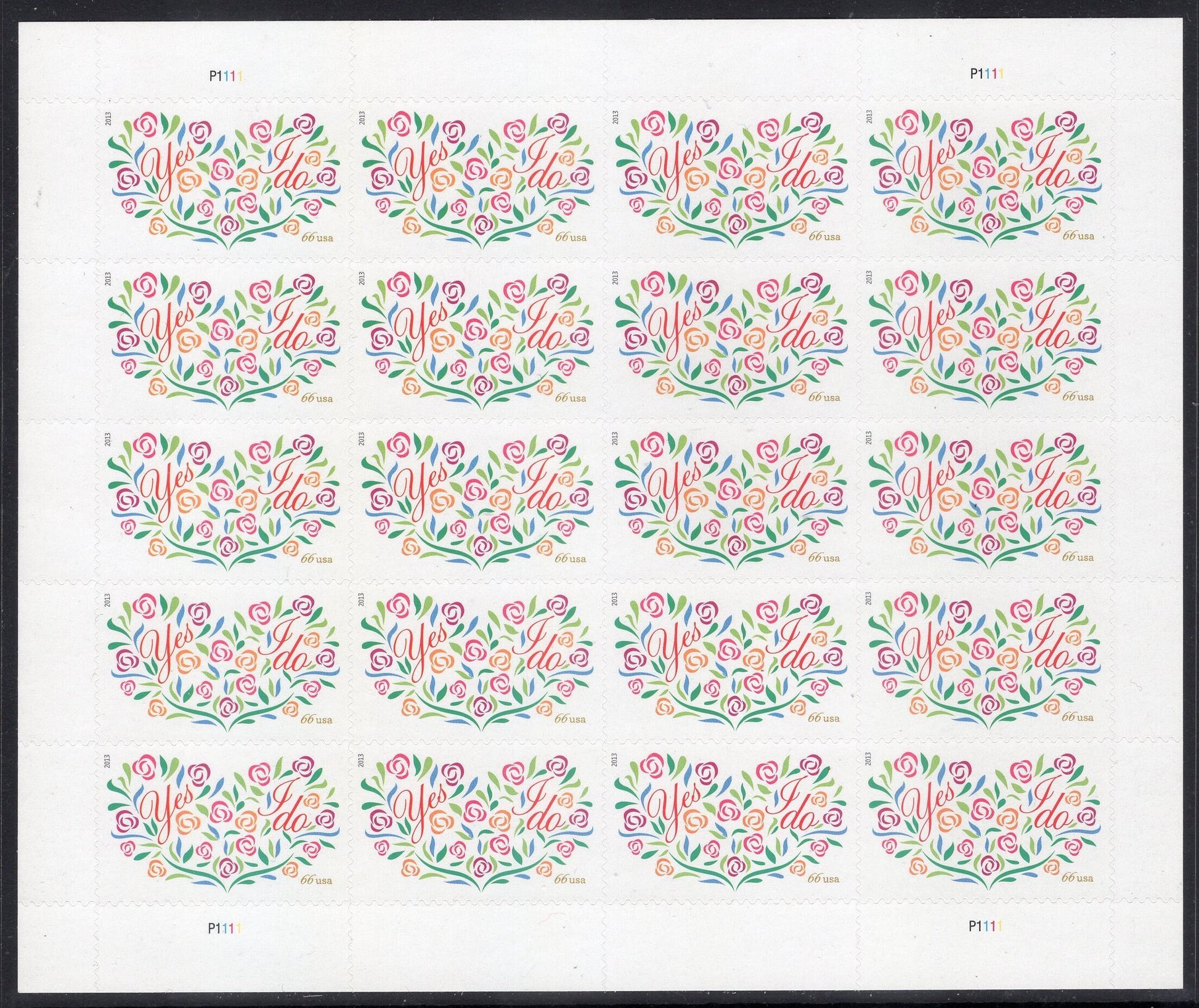 66c WEDDING FLOWERS, HEART Sheet of 20 Self-adhesive Postage Stamps Invitations Thank You Save-the-Date- Vintage 2013 