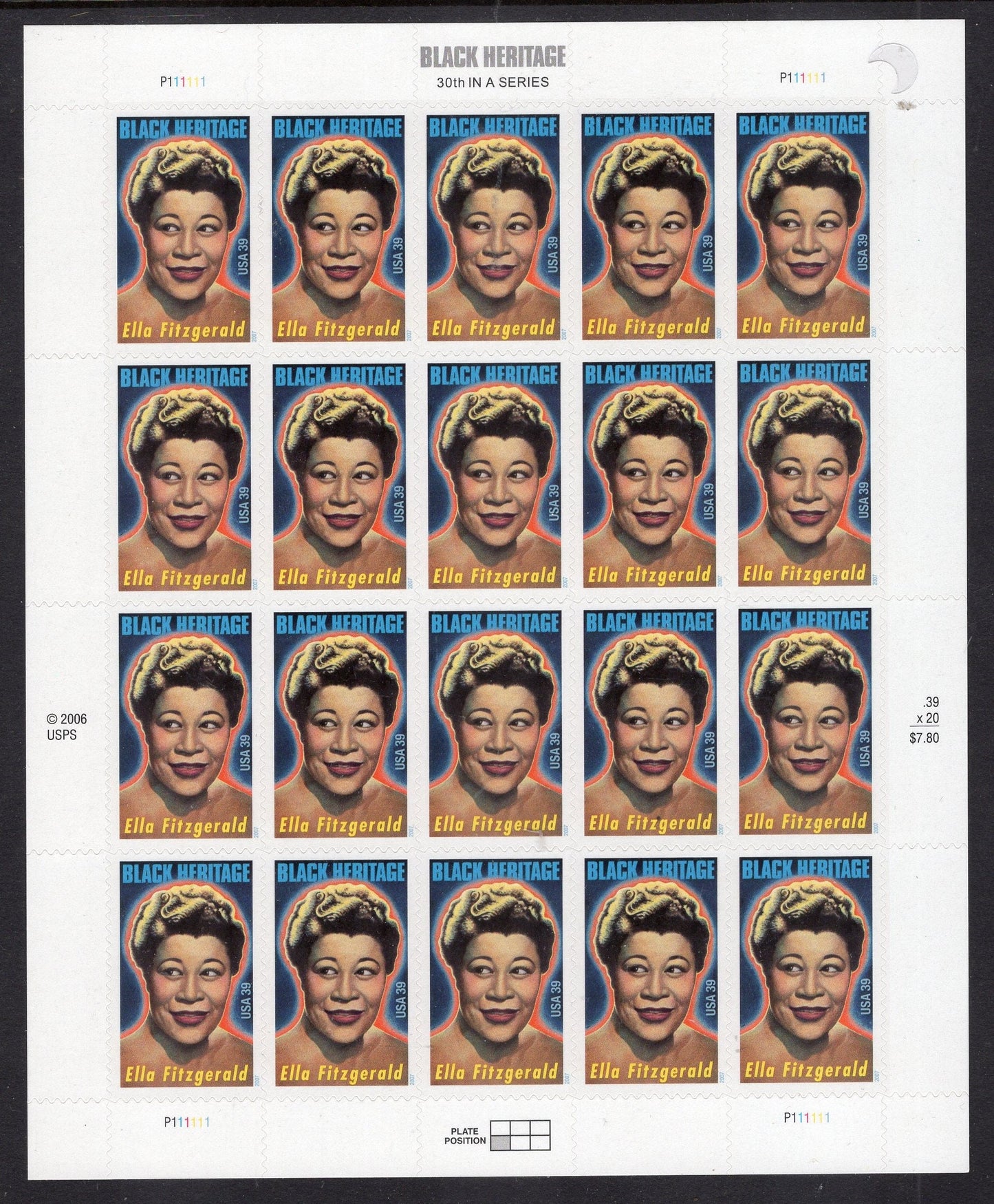 ELLA FITZGERALD HERITAGE Black American Singer Scat Sheet of 20 Stamps Fresh, Bright - Vintage 2007 Stock# 4120 - FreeUSA Shipping