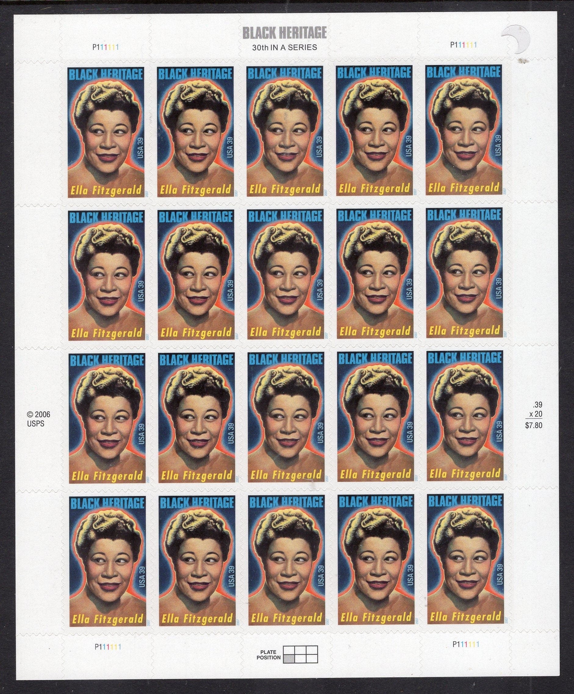 ELLA FITZGERALD HERITAGE Black American Singer Scat Sheet of 20 Stamps Fresh, Bright - Vintage 2007 Stock# 4120 - FreeUSA Shipping