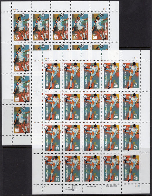 40c+50c SOCCER FOOTBALL 2 Sheets of 20 Stamps (1 each denomination) Mint Bright Fresh - Vintage 1994 Stock# 2835-36 