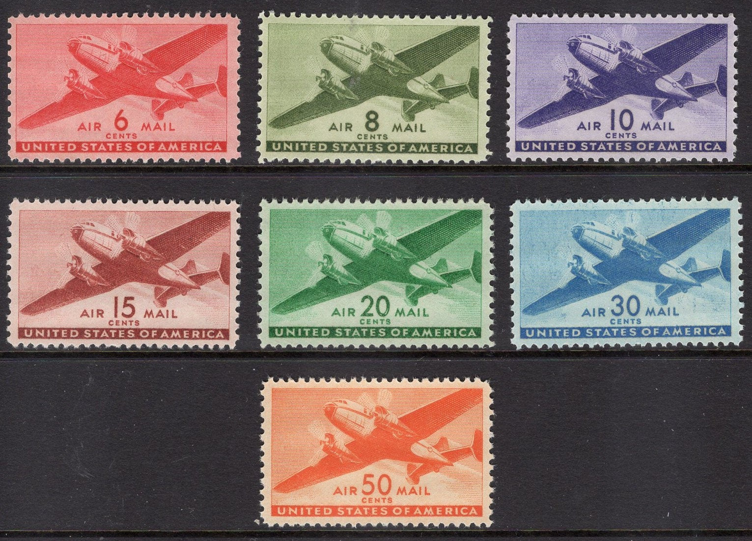 1941-44 TRANSPORT PLANES Complete Set of 7 Beautiful Classic Unused Fresh Mint Stamps - Stock# C25+ ping