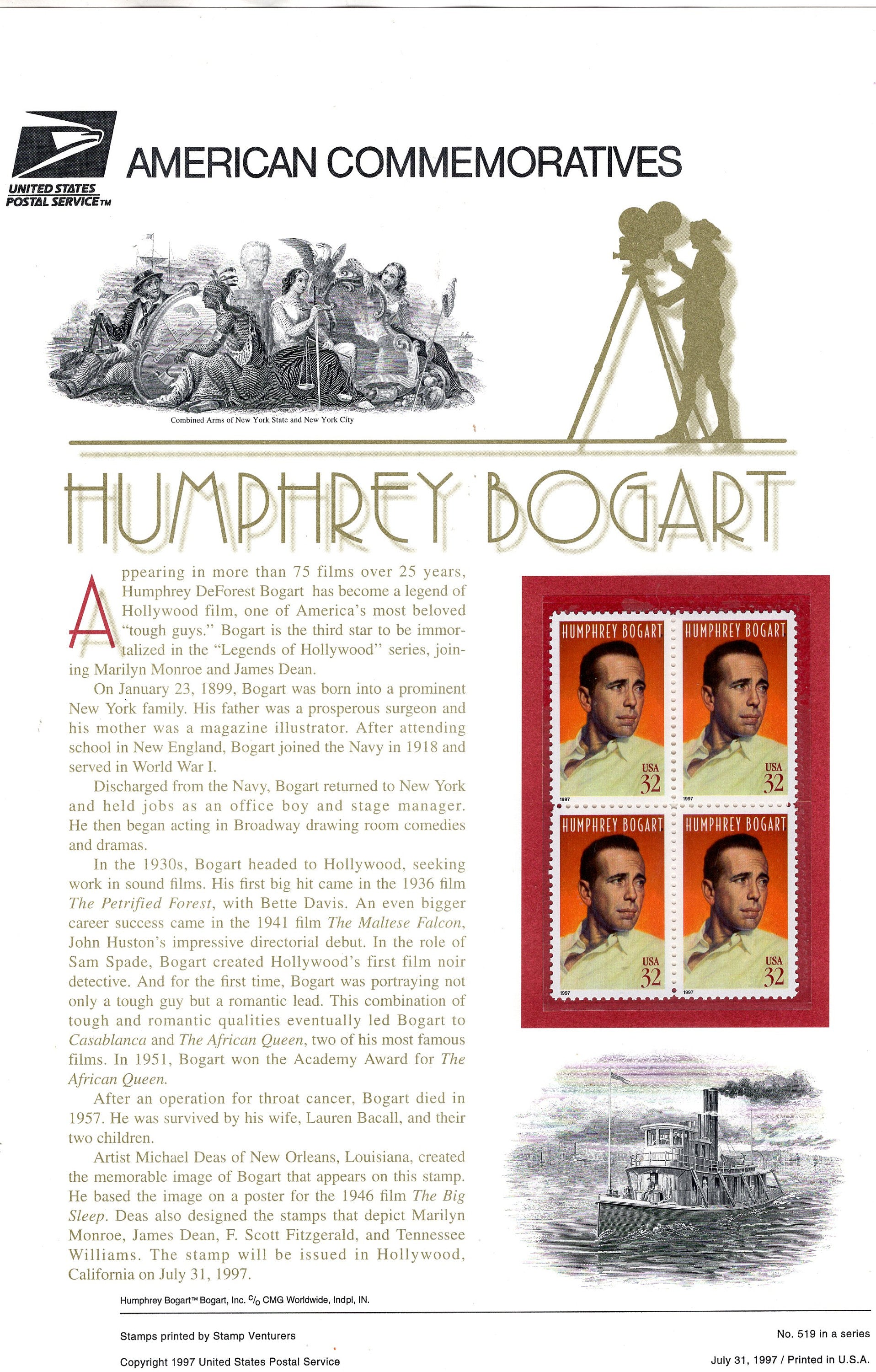 HUMPHREY BOGART LEGENDARY Actor Special Commemorative Panel plus Actual Sheet + Illustrations and Text Great Gift 8.5x11 '97 