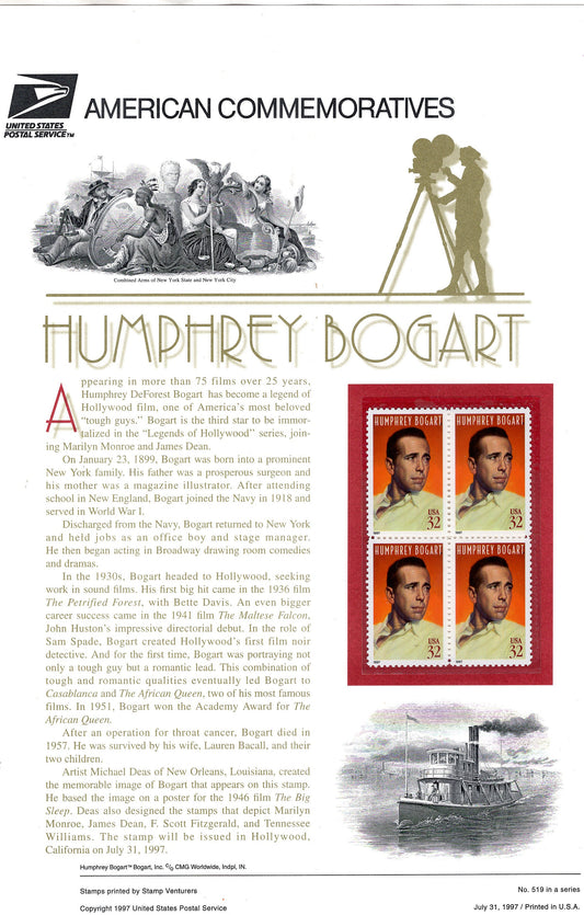 HUMPHREY BOGART LEGENDARY Actor Special Commemorative Panel plus Actual Sheet + Illustrations and Text Great Gift 8.5x11 '97 